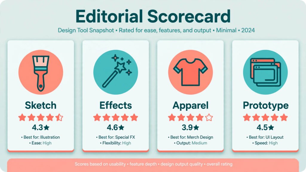 Scorecard graphic rating Adobe Express, Microsoft Designer, Kittl, and Figma across ease of use, templates, AI features, and value