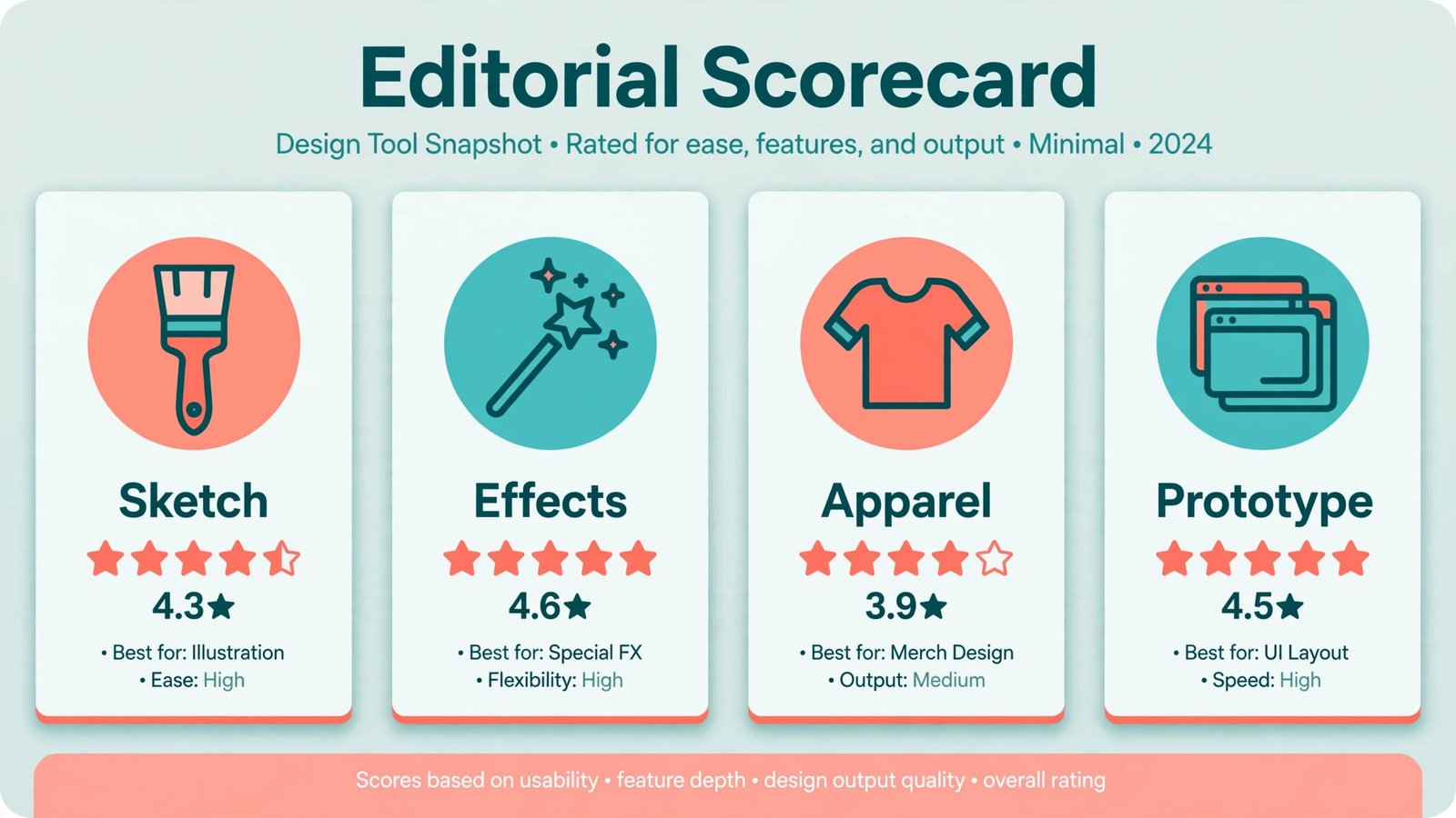 Scorecard graphic rating Adobe Express, Microsoft Designer, Kittl, and Figma across ease of use, templates, AI features, and value