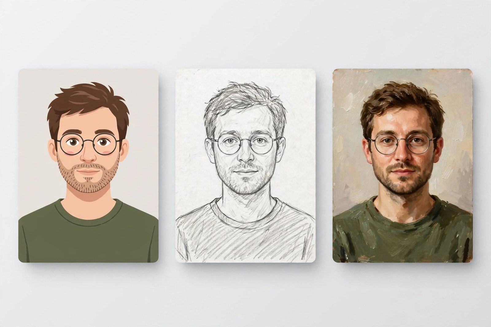 Collage showing one photo converted into cartoon, sketch, and painting styles side by side