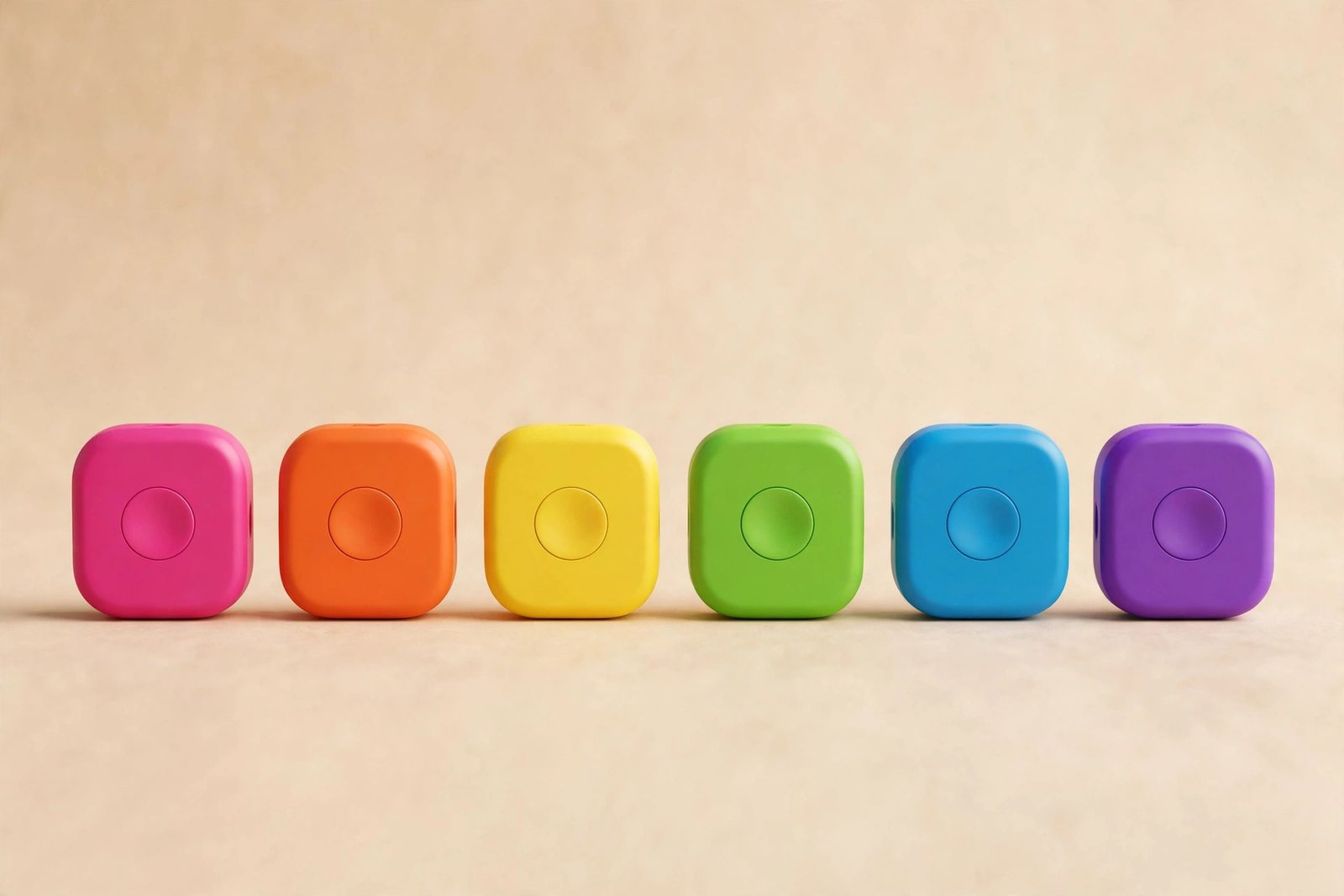 Small colorful Bluetooth trackers arranged in a row