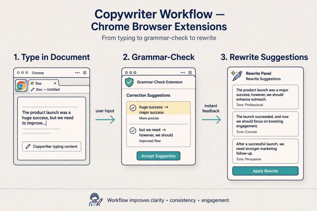 Illustrated workflow of a copywriter using Chrome extensions, from typing a draft to grammar suggestions to sentence rewrites
