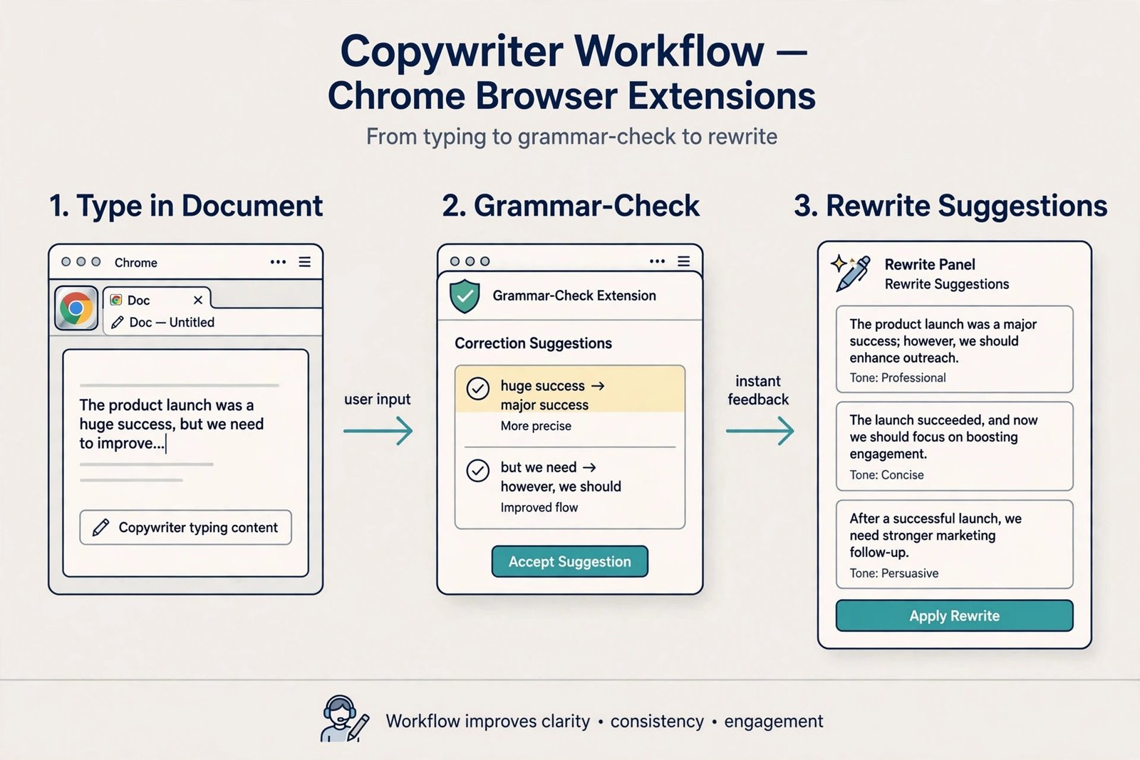 Illustrated workflow of a copywriter using Chrome extensions, from typing a draft to grammar suggestions to sentence rewrites