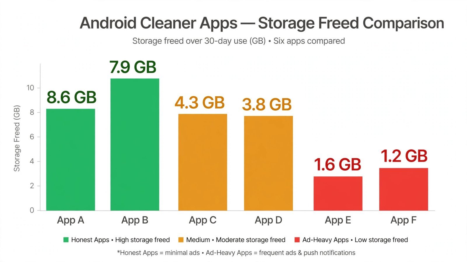 Bar chart comparing storage freed by six tested Android cleaner apps, with Files by Google and SD Maid SE highest and ad-heavy apps lowest