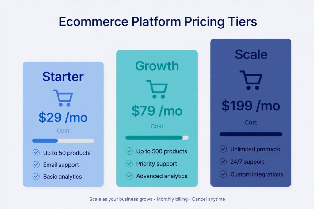 Infographic comparing ecommerce platform pricing tiers from starter to scale plans with rising cost bars