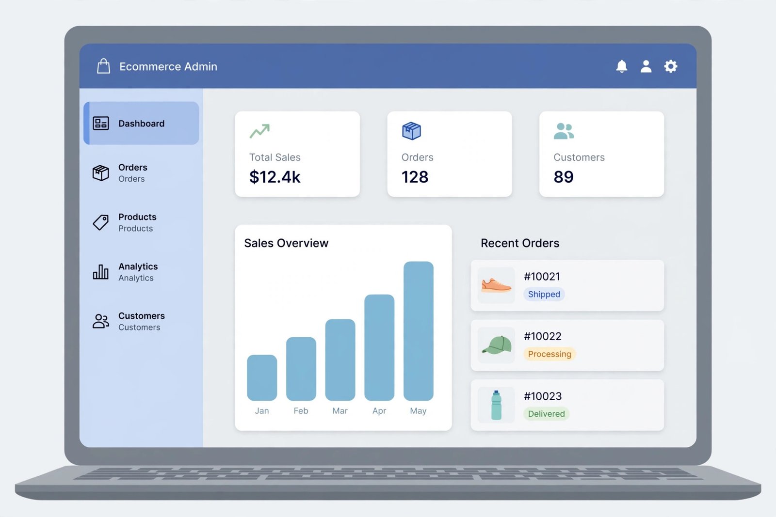 Illustration of an ecommerce store admin dashboard on a laptop showing orders, products, and a sales chart