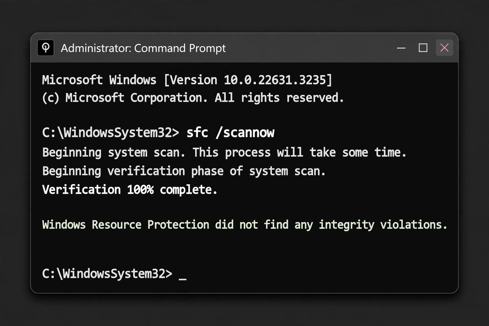 Administrator Command Prompt window running the sfc scannow system file repair command