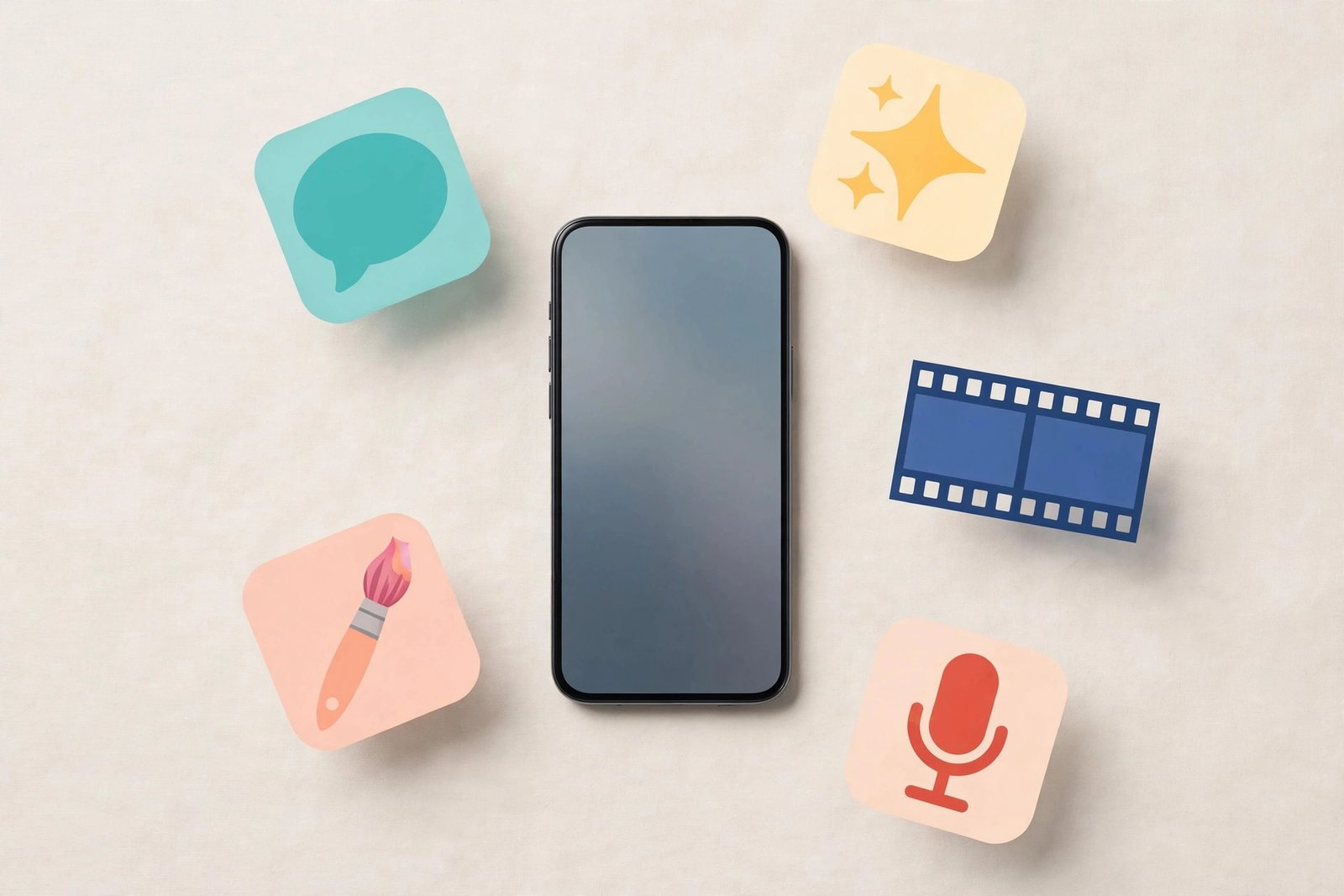 Smartphone surrounded by AI app icons representing the top AI apps of 2026