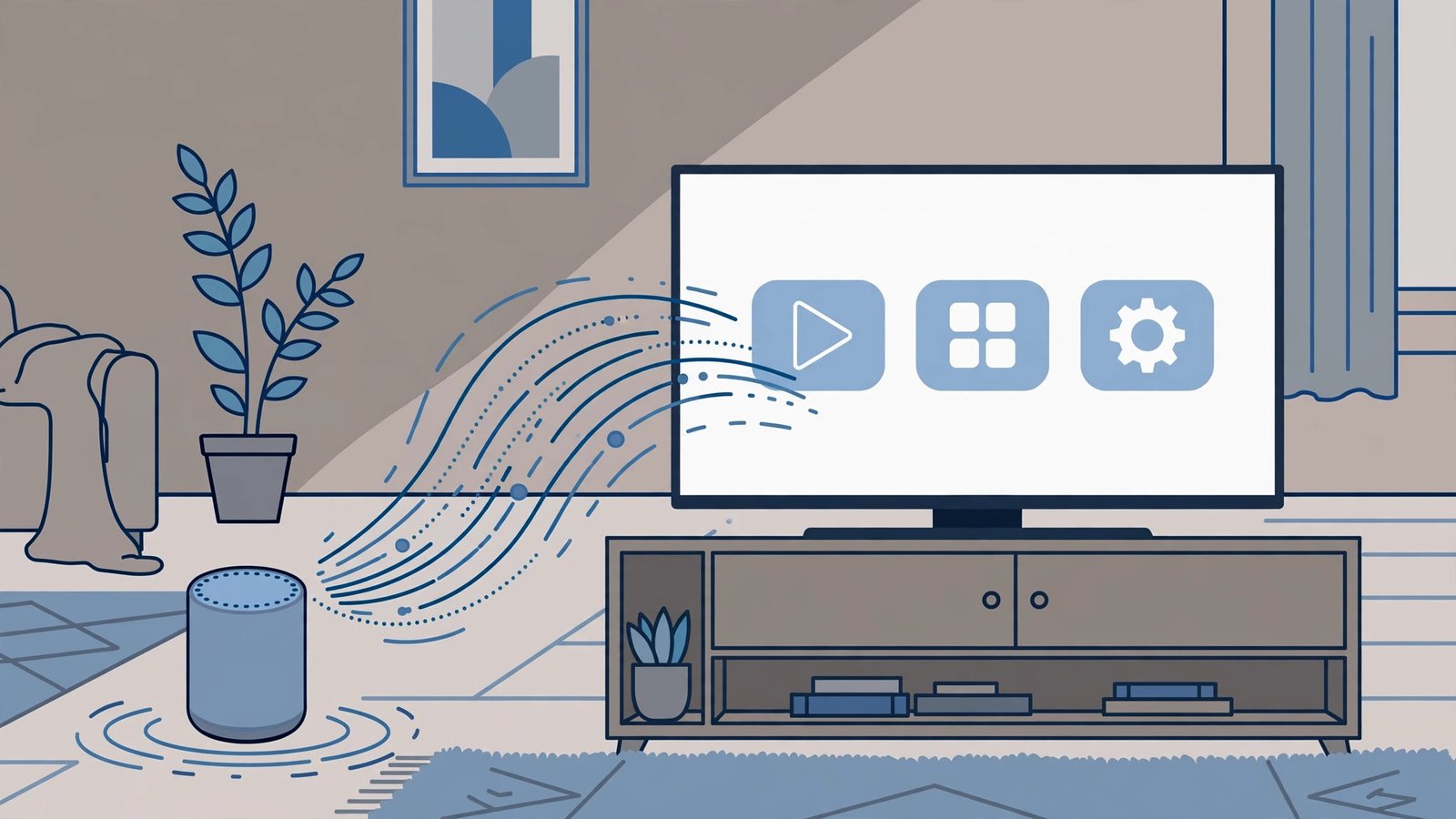 Illustration of a smart TV and smart speaker connected by voice command waves