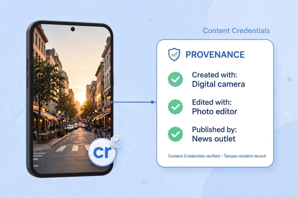 Phone photo with a small cr Content Credentials pin badge and a provenance panel listing creation tool, edits, and origin