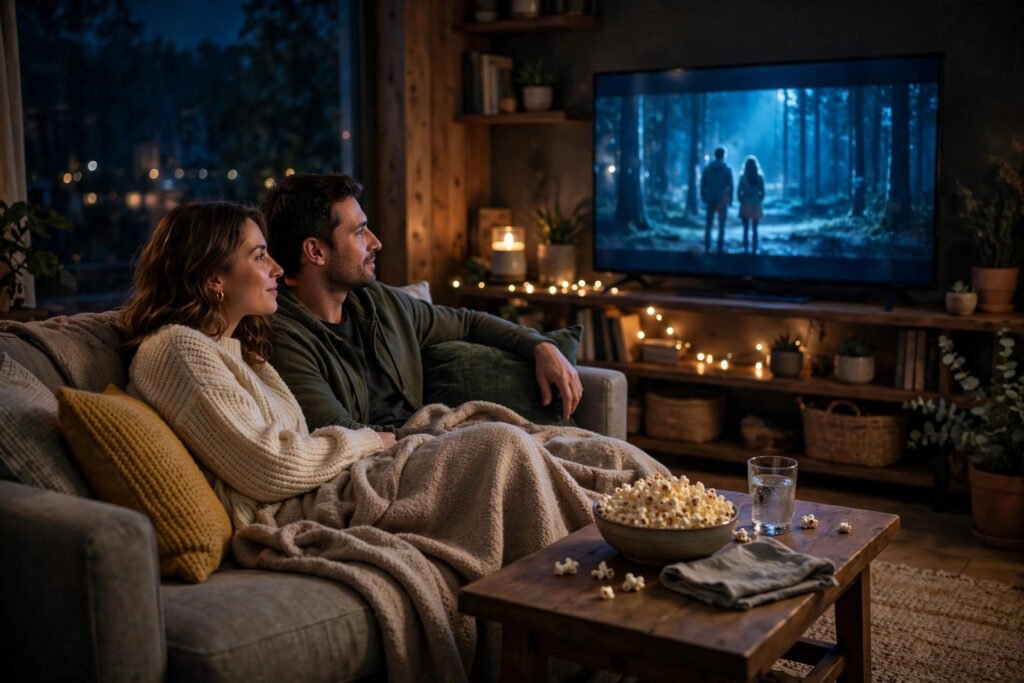 Couple watching a movie on a TV in a cozy living room at night