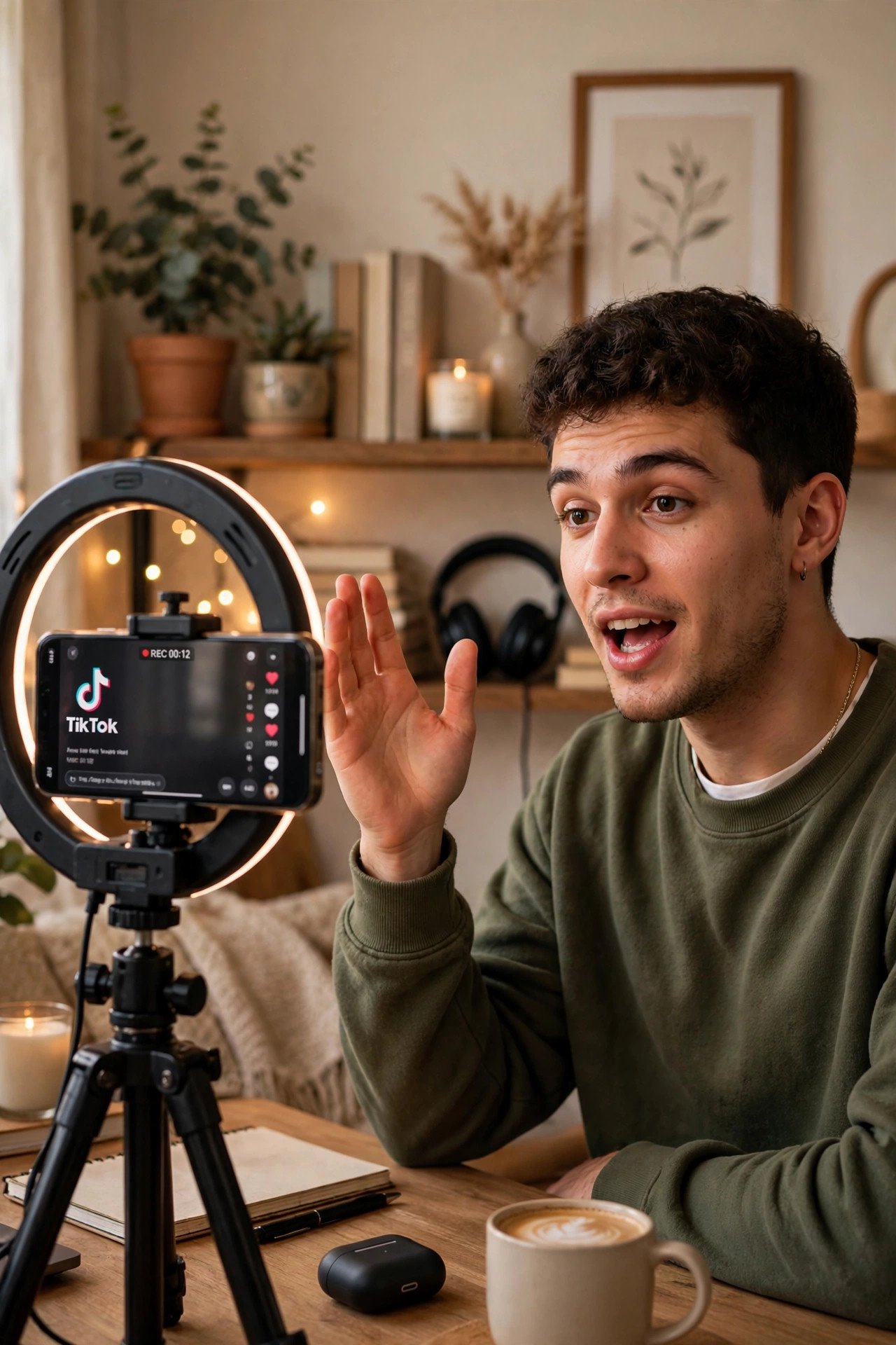 Creator filming a TikTok video with a phone on a tripod and ring light