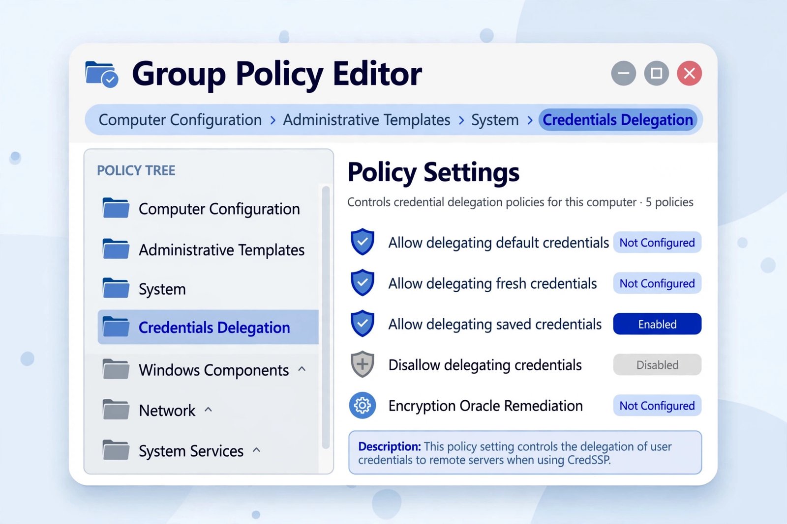 Illustration of the Group Policy Editor path to Credentials Delegation settings for RDP