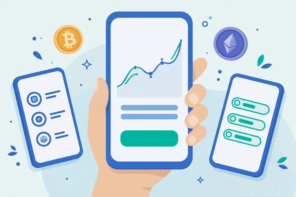 Smartphone showing a beginner-friendly crypto app next to two alternative app layouts for comparison