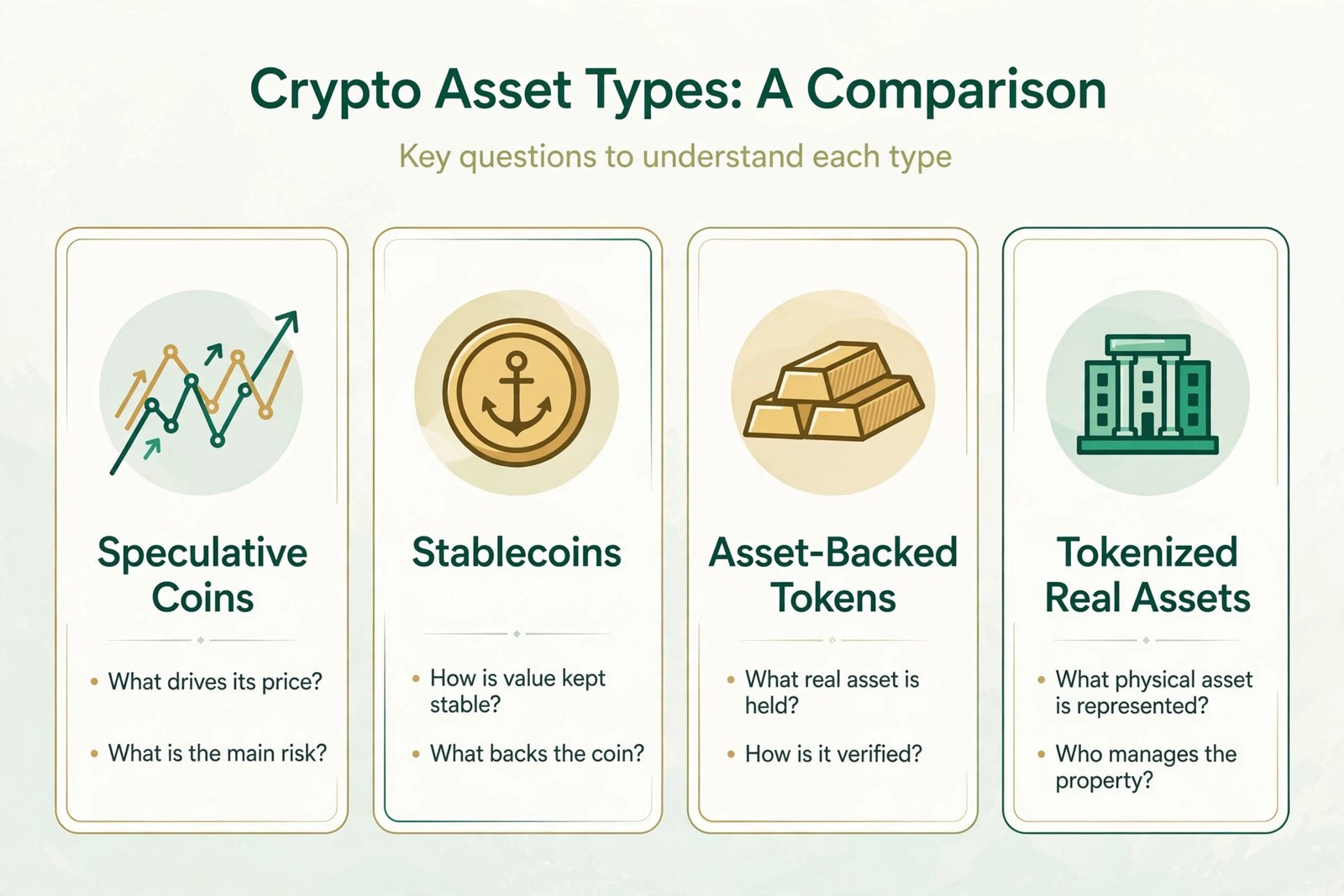 Comparison diagram of crypto asset types: speculative coins, stablecoins, asset-backed tokens, and tokenized assets with their distinct Sharia questions