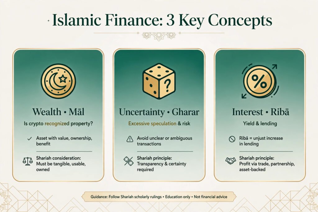 Infographic explaining the three Islamic finance concepts behind the crypto debate: mal, gharar, and riba