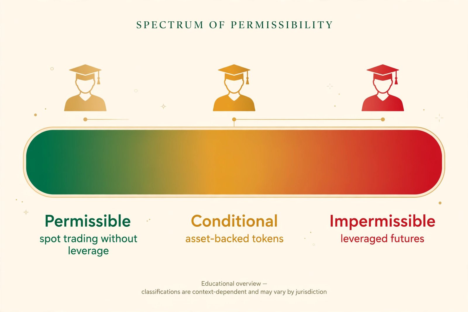 Spectrum diagram of scholarly views on cryptocurrency from permissible to impermissible with key institutions marked