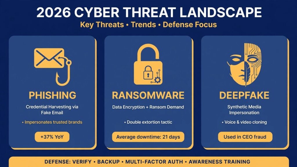 Infographic of the 2026 cyber threat landscape: AI-written phishing emails, ransomware padlocks, and deepfake face masks as three threat panels