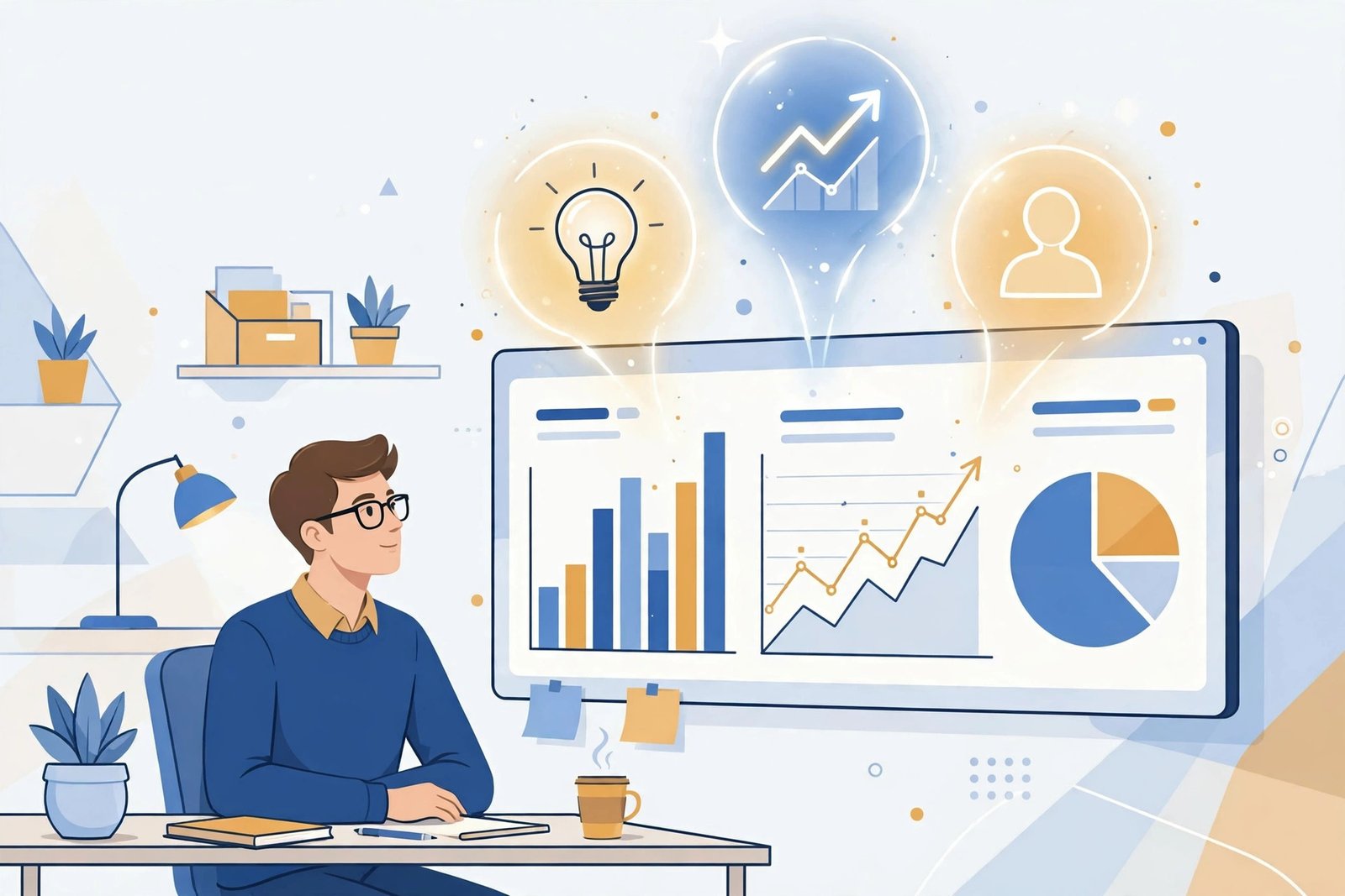 Data analyst studying a dashboard of charts with insight bubbles showing a lightbulb, a trend arrow, and a customer icon