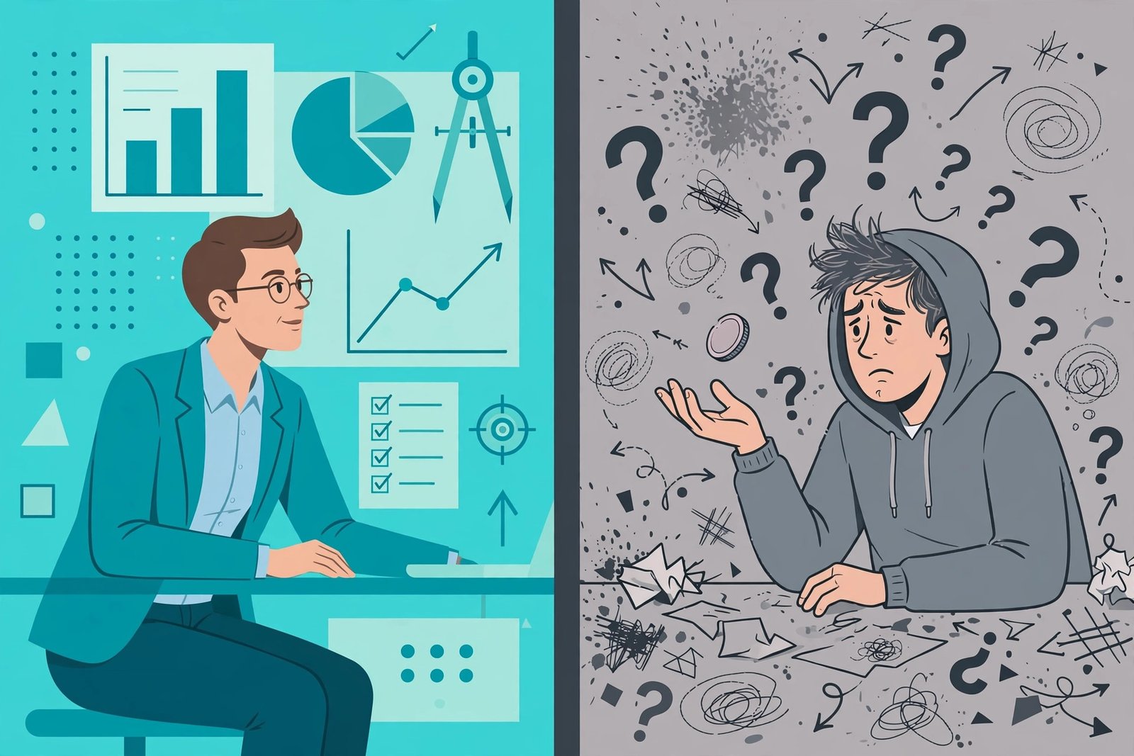 Split illustration comparing a confident data-guided business decision with blind guesswork