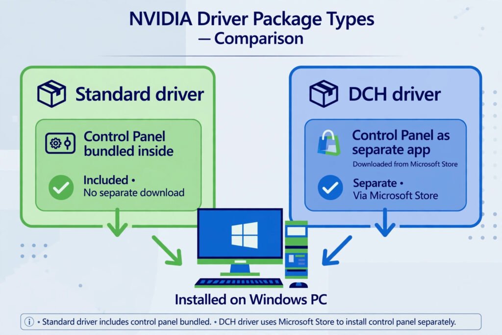 Comparison diagram of NVIDIA driver package types: Standard driver with the control panel bundled inside versus DCH driver with the control panel as a separate app from the Microsoft Store