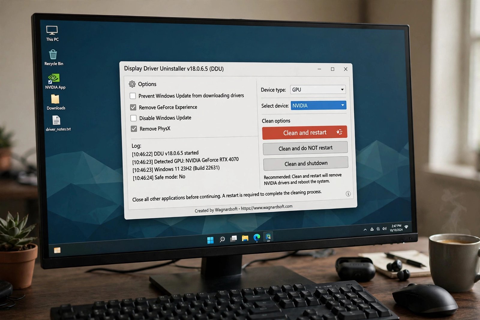 Display Driver Uninstaller window open on a desktop showing the Clean and restart option for NVIDIA
