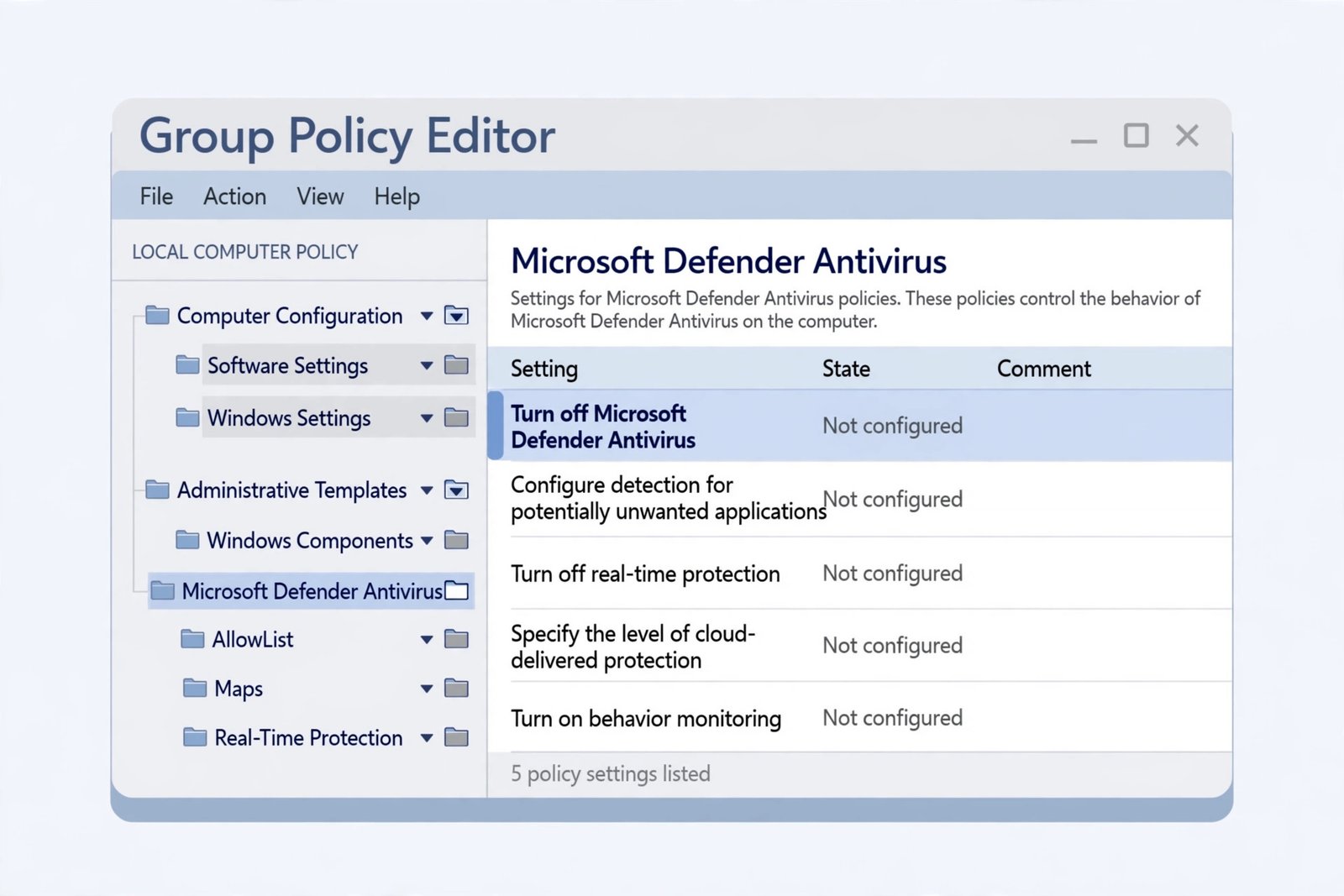 Group Policy Editor window with the Turn off Microsoft Defender Antivirus policy highlighted
