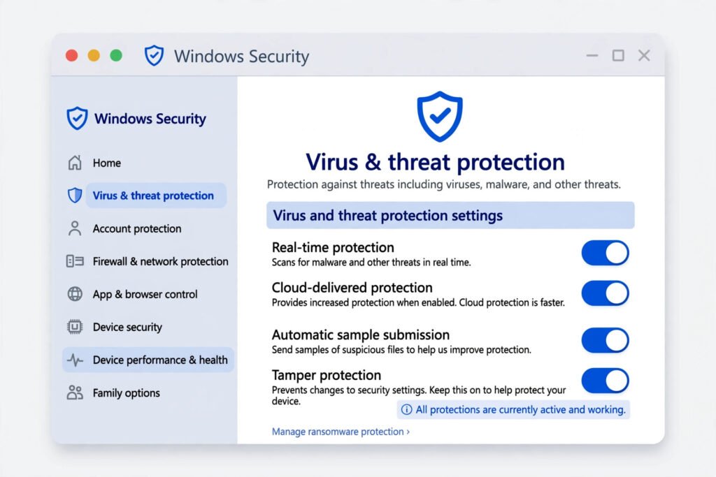 Windows Security settings page with toggles for real-time protection, cloud-delivered protection, automatic sample submission, and tamper protection