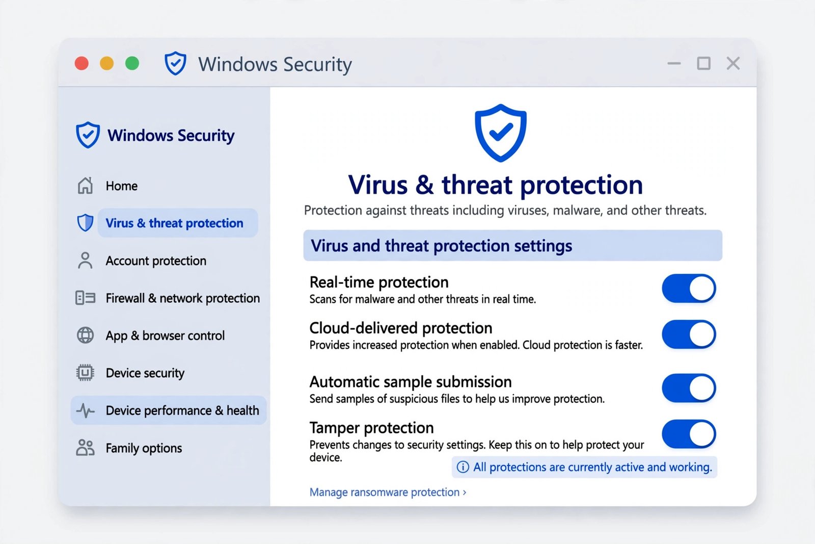 Windows Security settings page with toggles for real-time protection, cloud-delivered protection, automatic sample submission, and tamper protection