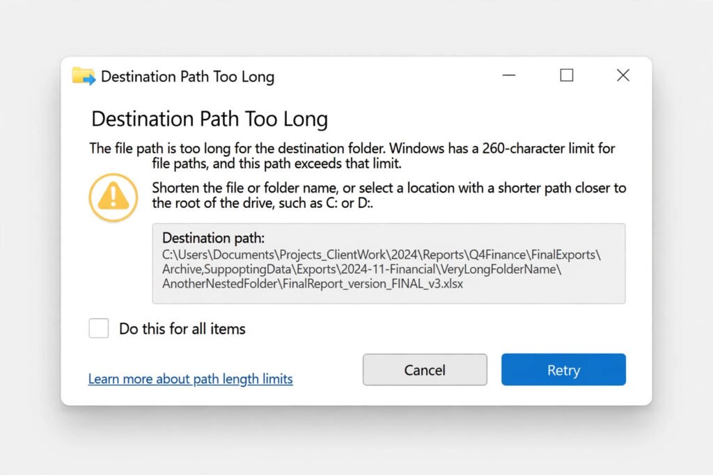 Windows error dialog showing the Destination Path Too Long message while copying files