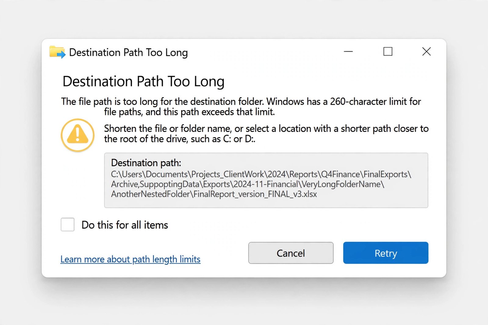 Windows error dialog showing the Destination Path Too Long message while copying files