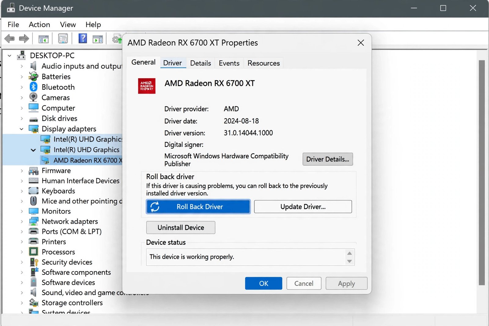 Device Manager display adapter properties window open on the Driver tab with the Roll Back Driver button visible