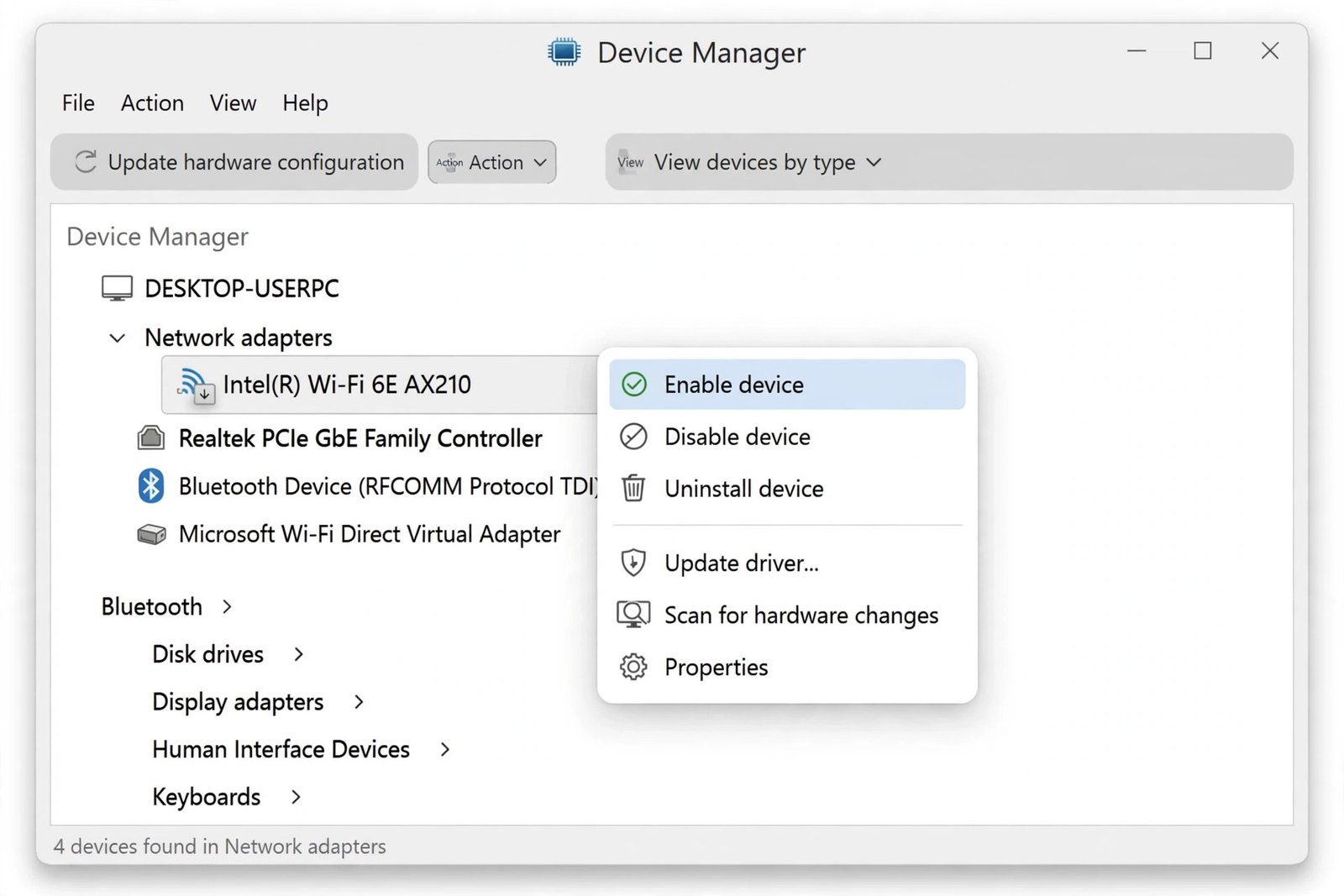 Windows Device Manager with Network adapters expanded showing a wireless adapter right-click menu with Enable device option