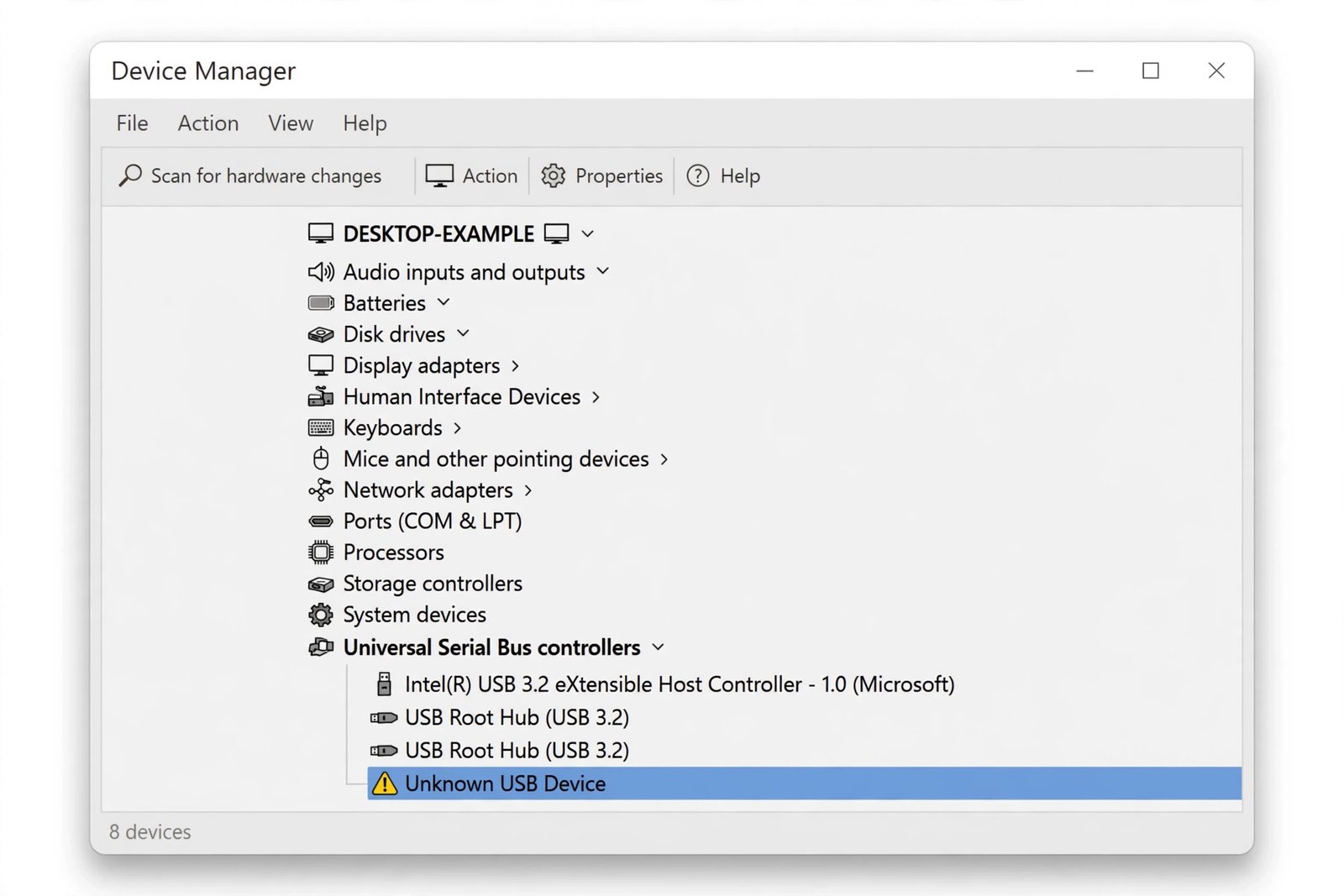 Windows Device Manager showing Universal Serial Bus controllers expanded with Unknown USB Device marked by a yellow warning icon