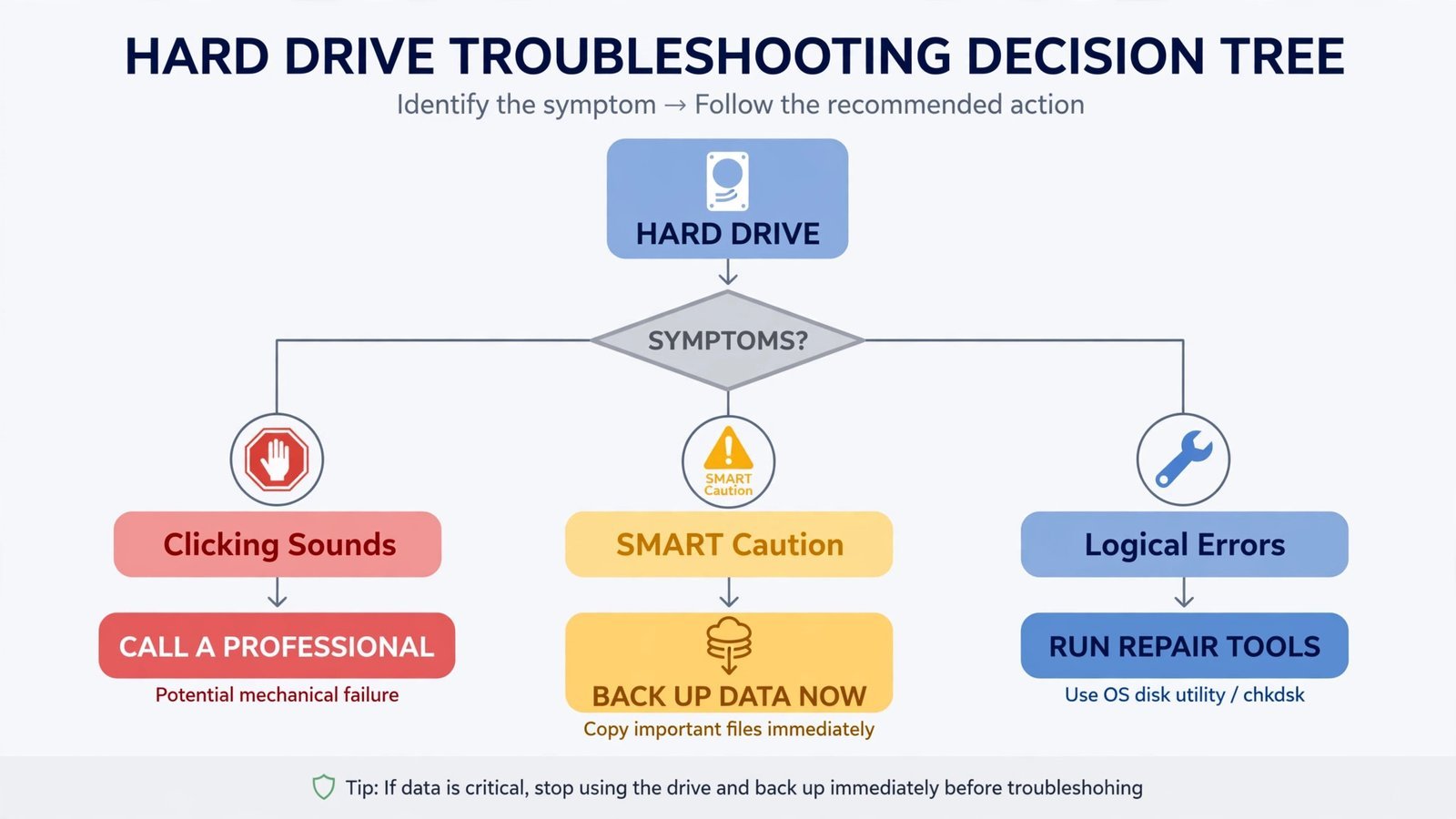 Decision flowchart for diagnosing a failing hard drive