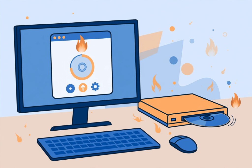 Disc burning software interface on a Windows desktop with a DVD drive