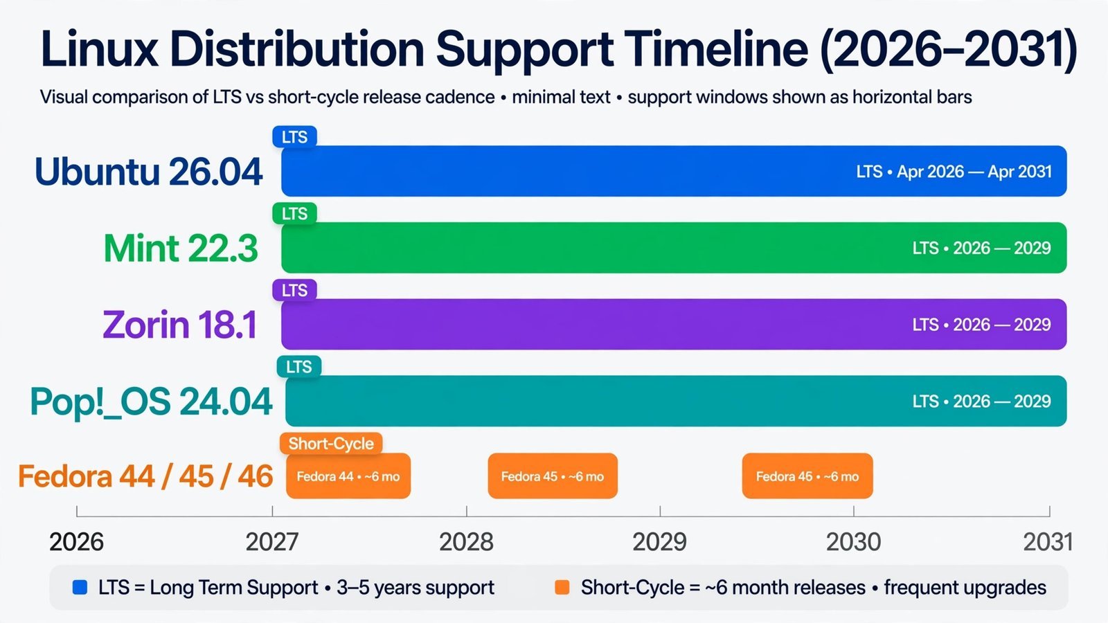 Timeline showing LTS support windows for Ubuntu, Mint, Zorin, Pop!_OS and Fedora