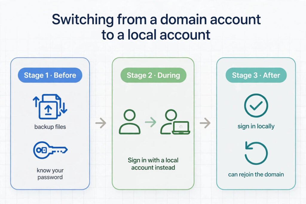 Three-stage flow diagram showing the before, during, and after steps of switching from a domain account to a local account in Windows