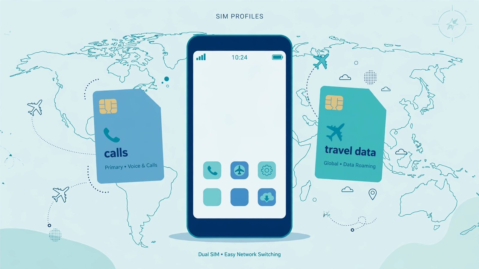 Diagram of dual eSIM setup on iPhone showing two active lines, one for calls and one for travel data