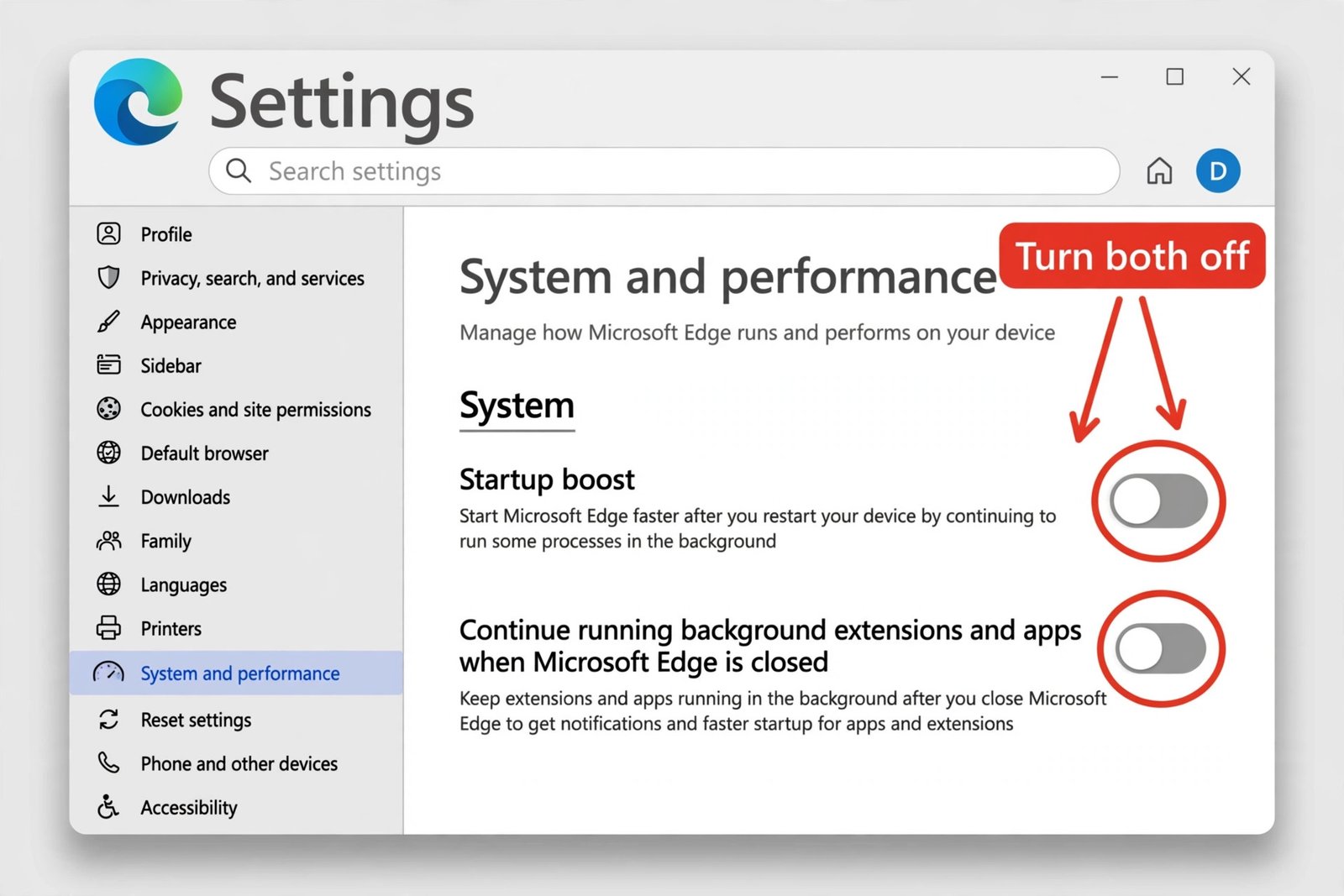 Annotated Microsoft Edge Settings illustration showing the Startup boost and background extensions toggles turned off under System and performance