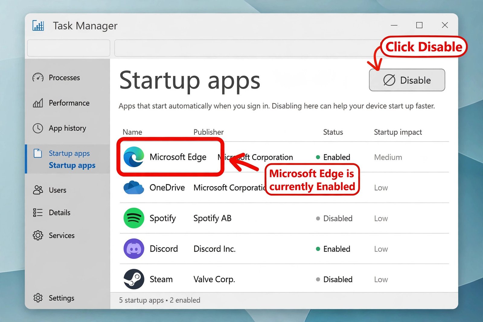 Annotated Task Manager illustration showing Microsoft Edge highlighted in the Startup apps list with the Disable button marked