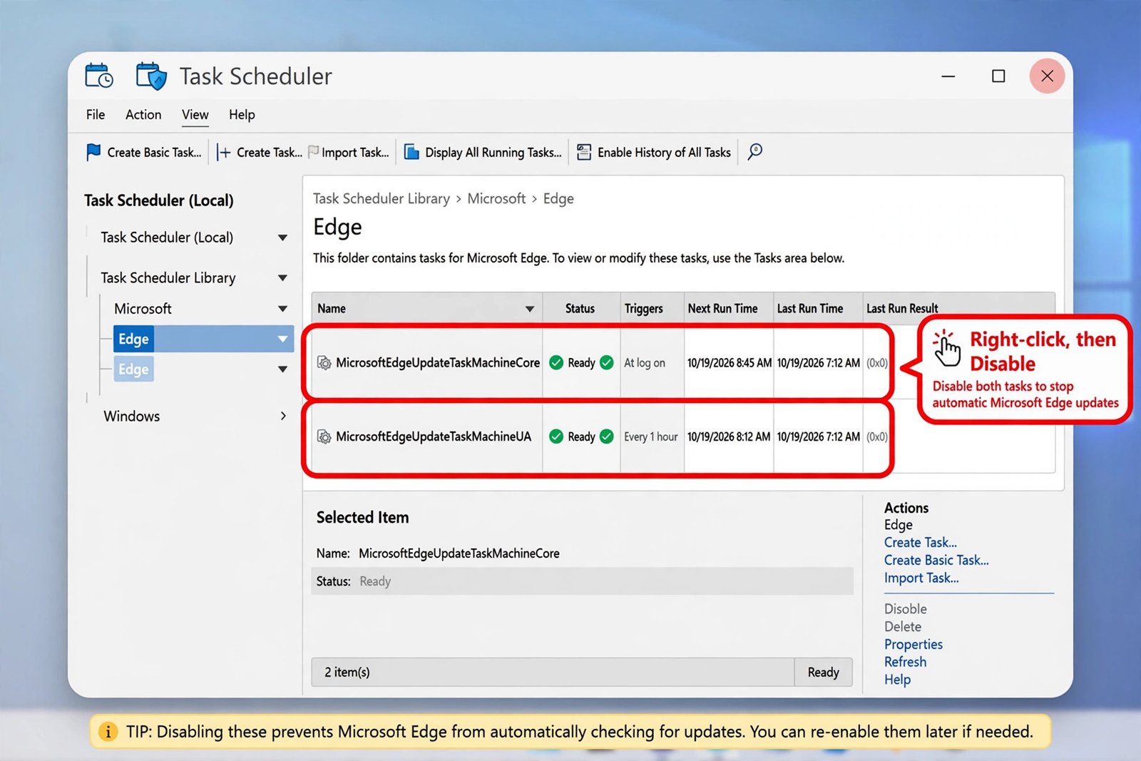 Annotated Task Scheduler illustration showing the Microsoft Edge update tasks highlighted in the Microsoft Edge folder with the Disable action marked