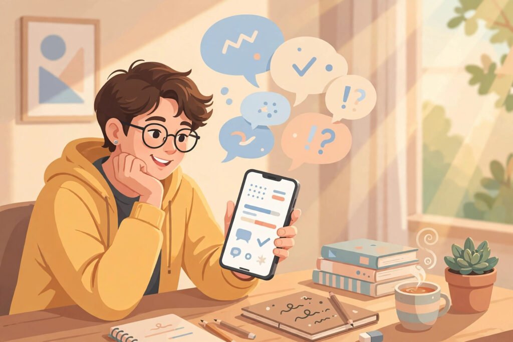 Person practicing English on a phone with a language learning app