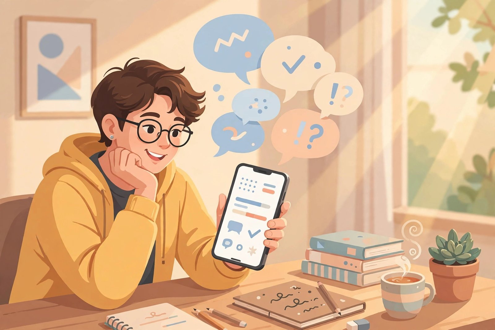 Person practicing English on a phone with a language learning app