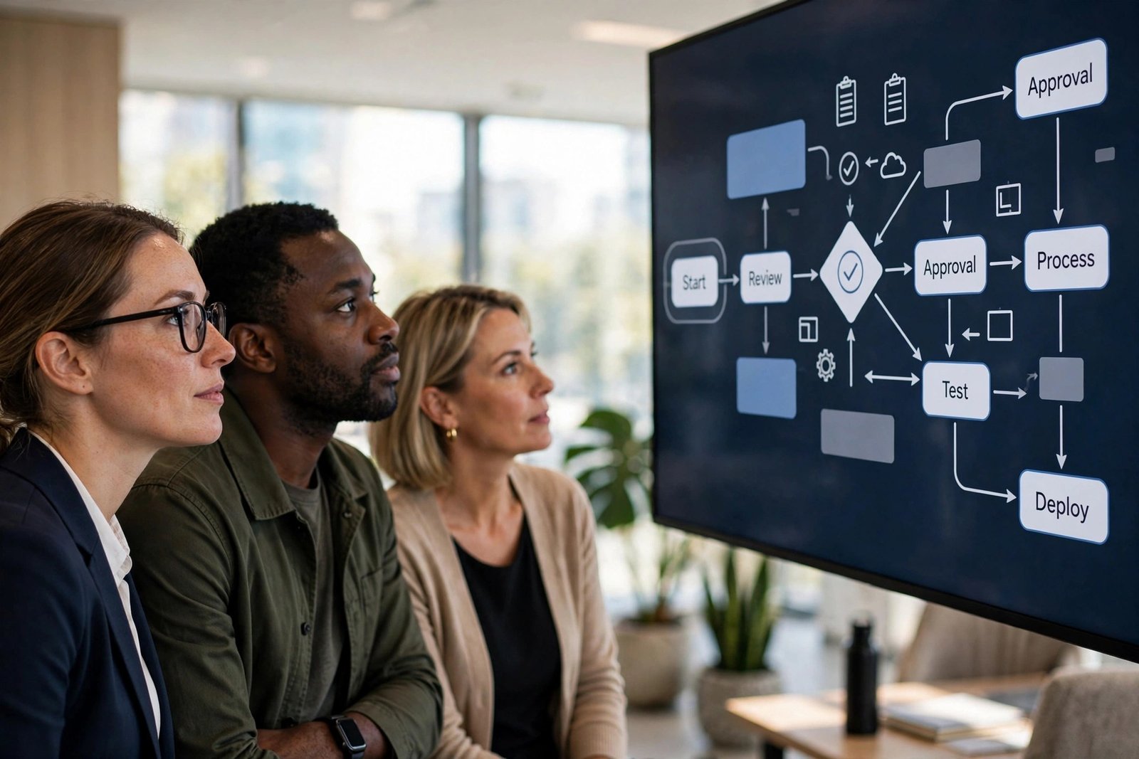 Team reviewing an application workflow diagram on a large screen in a modern office