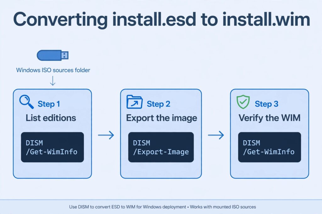 Three-step flow diagram showing listing editions, exporting the image, and verifying the WIM file