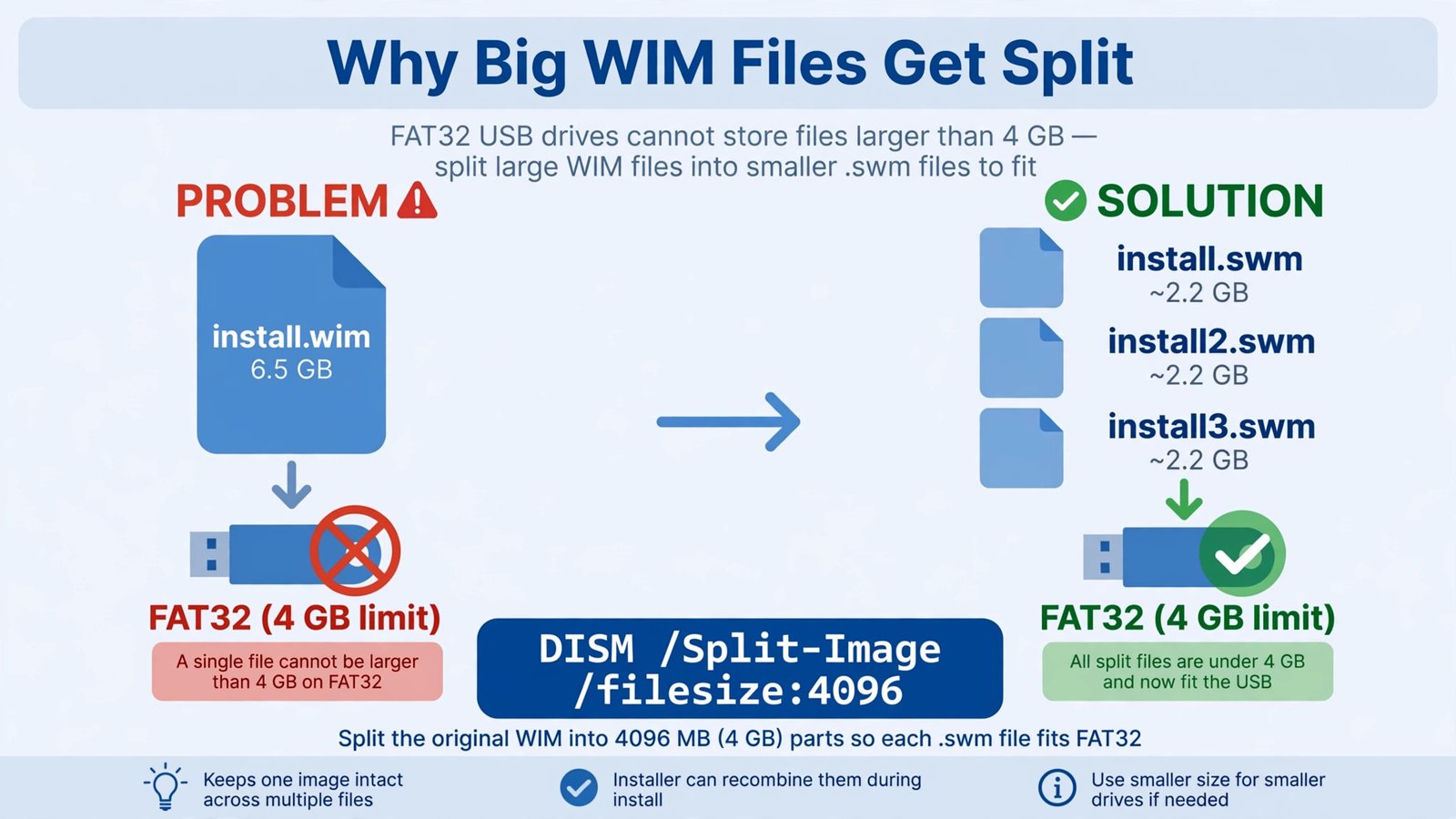 Diagram showing a large install.wim file being split into smaller SWM files to fit the FAT32 4 GB limit