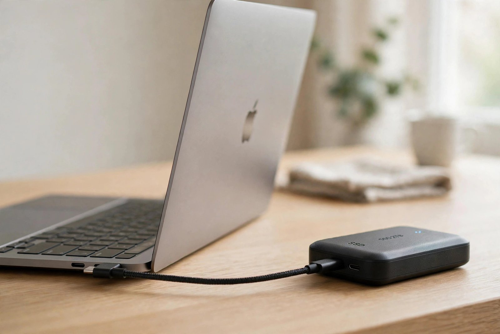 External hard drive connected to a MacBook with a USB-C cable on a desk