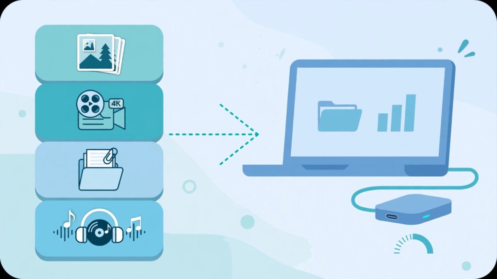 Infographic illustrating how to plan external SSD capacity for photo, video and document backups