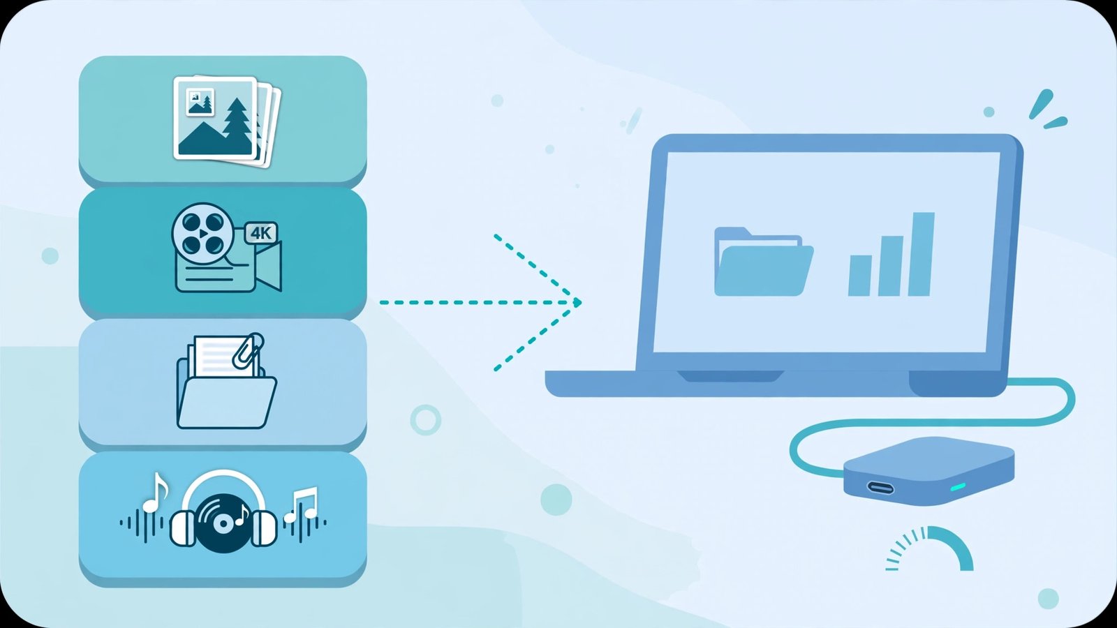 Infographic illustrating how to plan external SSD capacity for photo, video and document backups