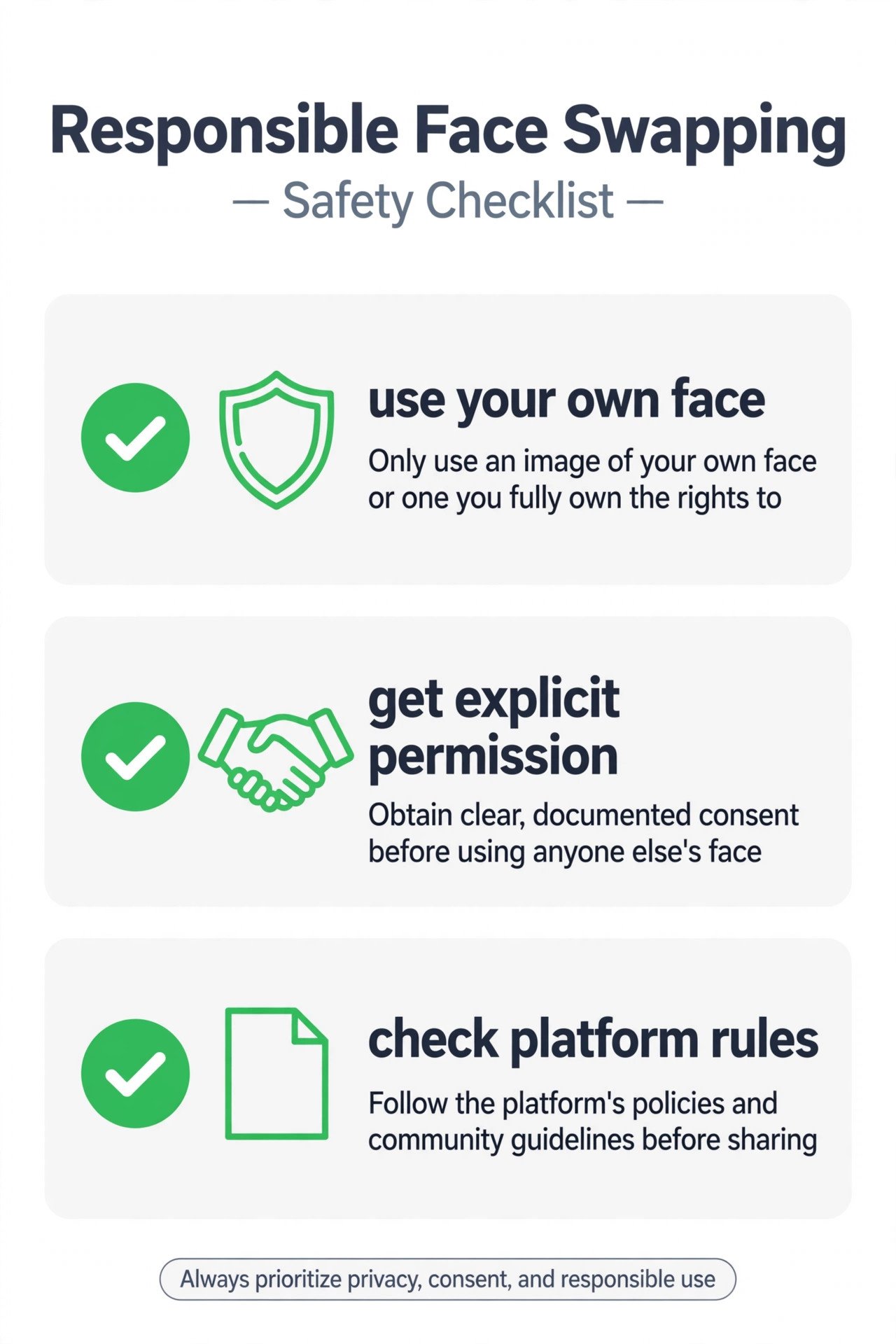 Safety checklist for face swaps: use your own face, get permission, avoid realistic fakes of real people, check platform rules